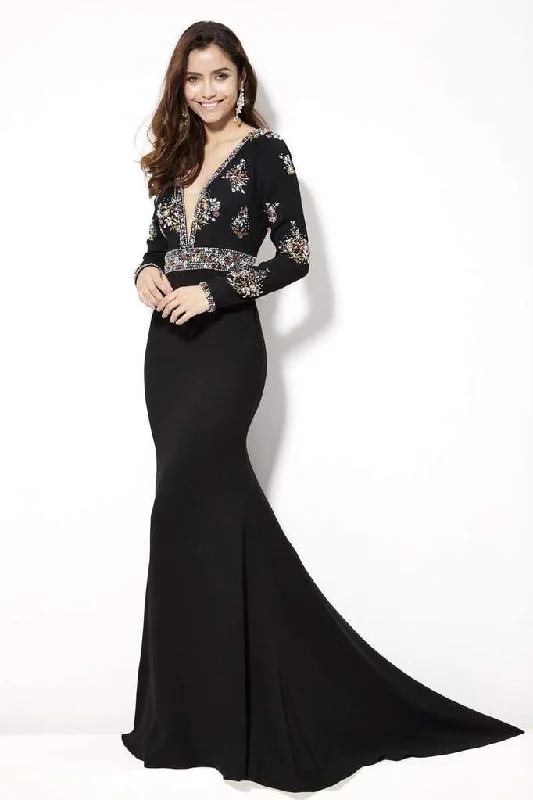 Angela & Alison - 81093 Long Sleeves Beaded Deep V-neck Trumpet Dress - 1 pc Black In Size 2 Available Trendy maxi dresses under $50