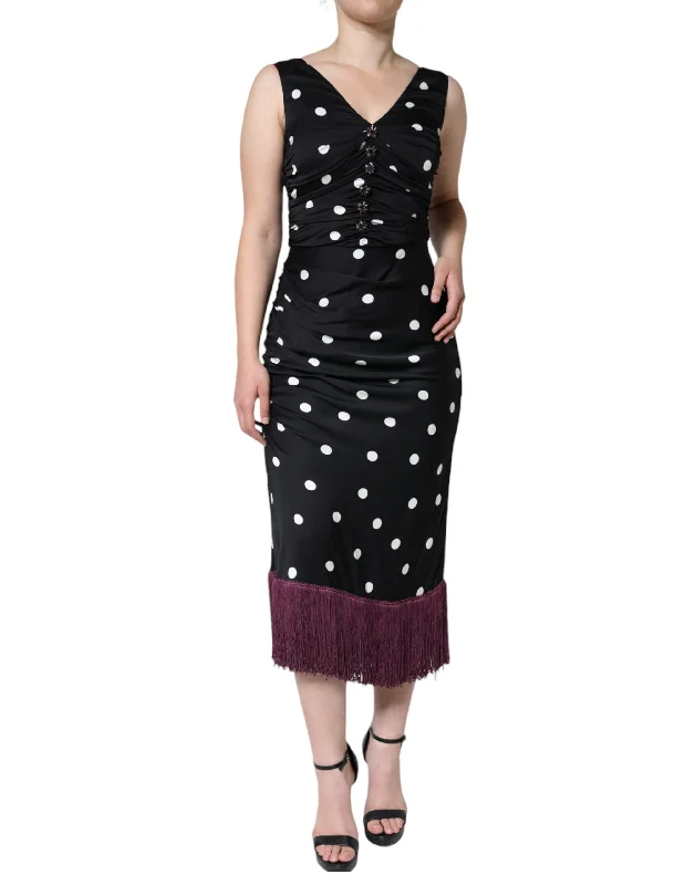 Black Silk Polka Dot V-neck Tassel Midi Dress Anniversary midi dresses