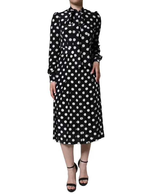 Black White Polka Dot Ascot Collar Midi Dress Red carpet midi dresses