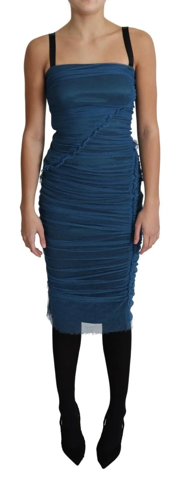 Blue Draped Tulle Midi Sheath Cotton Dress Edgy midi dresses