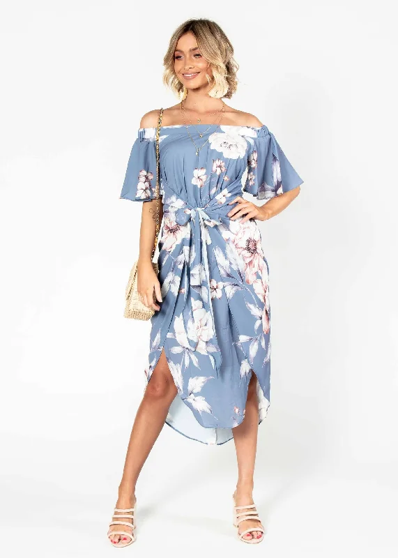 Candid Moment Off Shoulder Midi Dress - Blue Floral Best midi dresses for petites