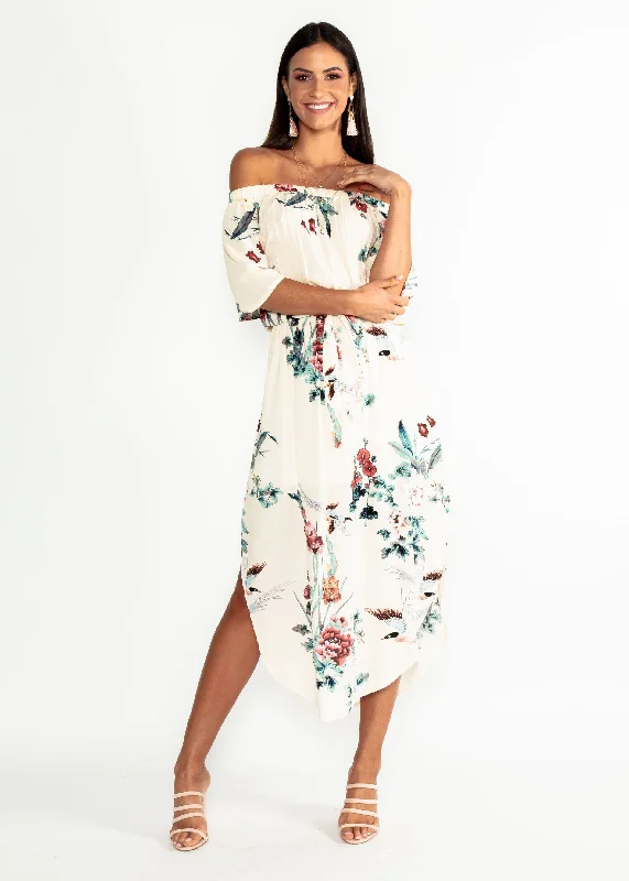 Elodie Off Shoulder Midi Dress w/ Tie - Peony Best midi dresses for hourglass body shape