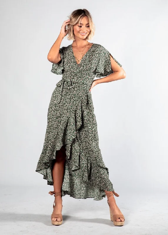 First Look Wrap Midi Dress - Green Floral New Year's Eve midi dresses