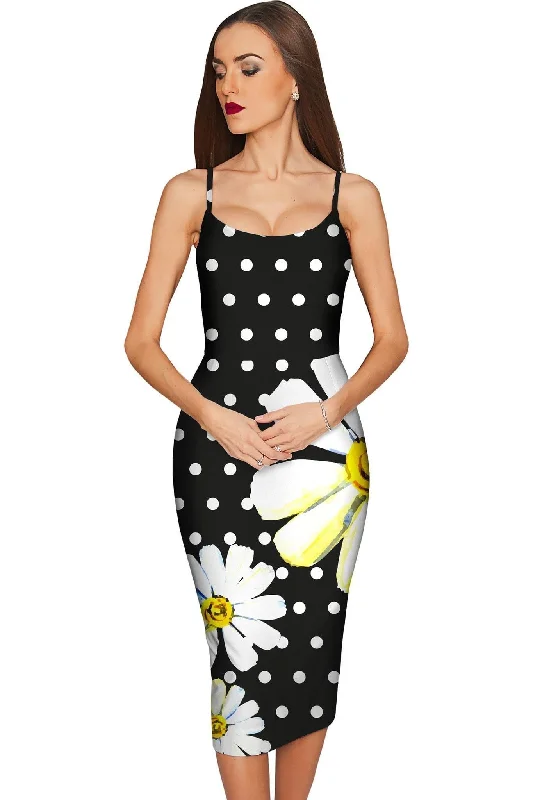 He Loves Me Olivia Black Daisy Evening Midi Dress - Women Flowy midi dresses