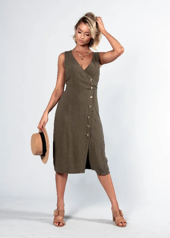 Lover's Charm Midi Dress - Dark Khaki Smocked midi dresses