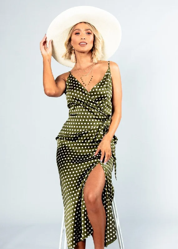 No Ordinary Love Midi Dress - Khaki Polka Expensive midi dresses