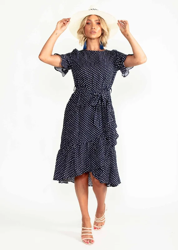 Out From Under Midi Dress w/ Tie - Navy Polka Best midi dresses for elegant looks