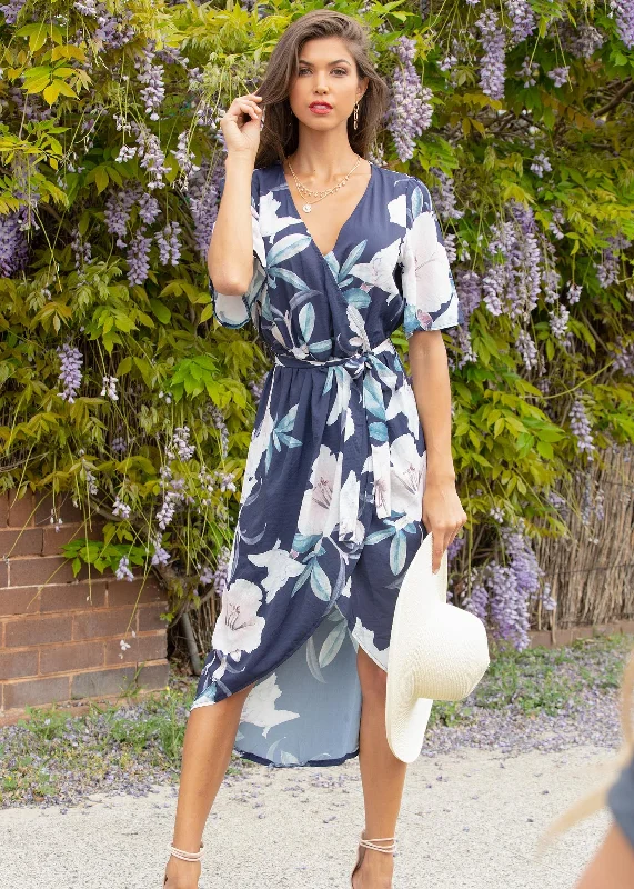 Perfect Ending Midi Dress w/ Tie - Navy Floral Best midi dresses for tall women