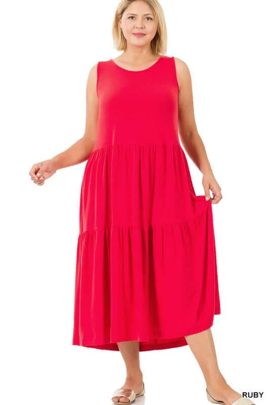 Solid Plus Size Sleeveless Tiered Midi Dress Strapless midi dresses