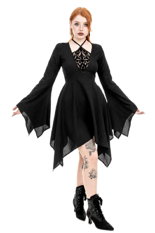 Restyle - Azael - Gothic Midi Dress with Flocked Mesh Panel Clubbing midi dresses