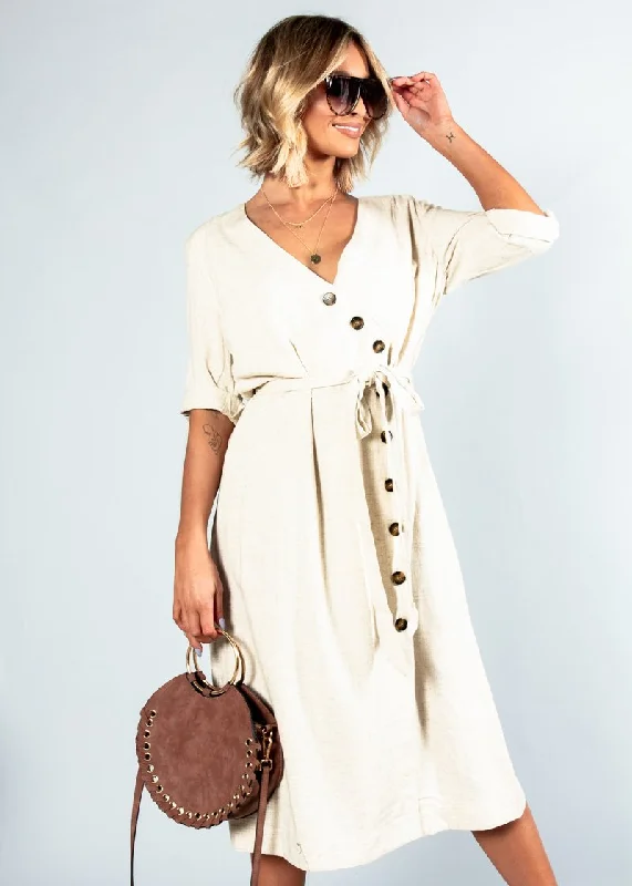 Safe & Sound Linen Midi Dress - Natural Trendy midi dresses under $50