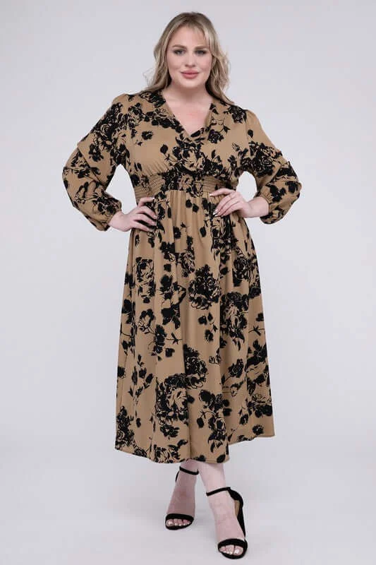 Plus Size Brown Floral Print Smocked High Waist Midi Dress Knitted midi dresses