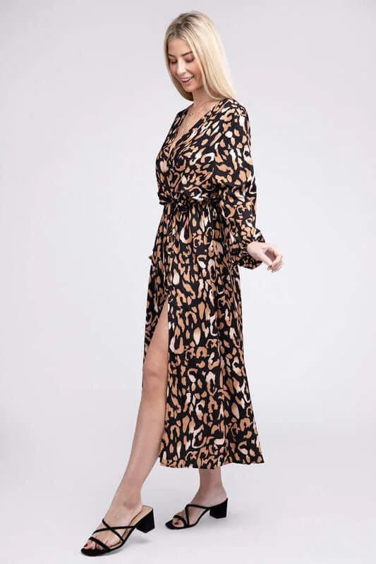 Leopard Print Wrap V Neck High Waist Midi Dress Beach midi dresses