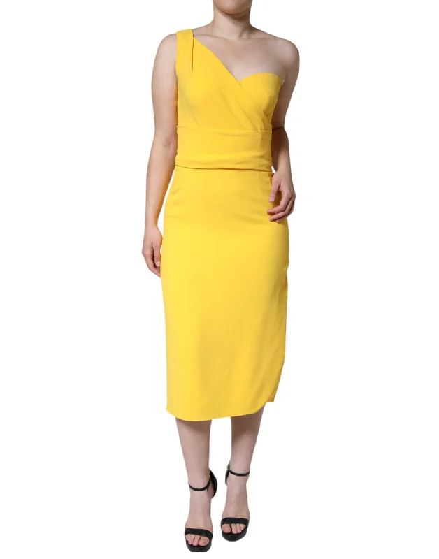 Yellow One Shoulder Side Slit Midi Dress Winter midi dresses