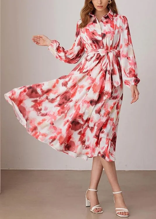 Art Red Peter Pan Collar Print Tie Waist Long Dress Fall AU1014 Budget-friendly floral dresses