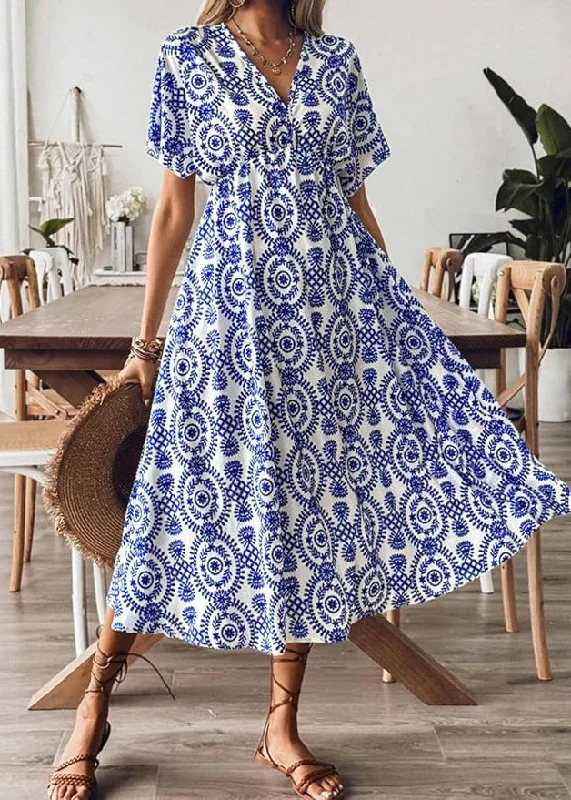 Beautiful Blue V Neck Print Cotton Vacation Dresses Summer AU1029 Best floral dresses for plus size