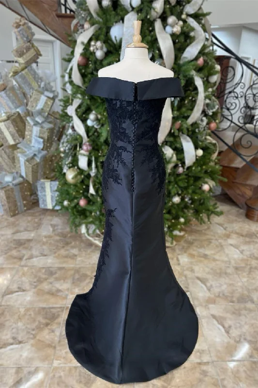 Black Floral Appliques Off-Shoulder Mermaid Long Mother of Bride Dress with Slit Gowns Floral dresses under $50