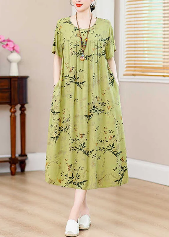 Casual Green Print Pockets Silk Cotton Long Dresses Summer QB013 Midi floral dresses