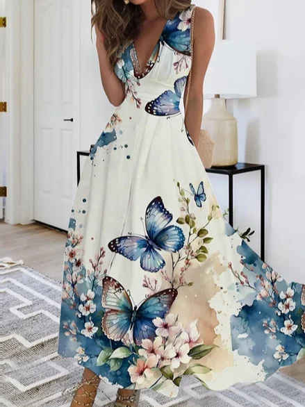 Elegant Butterfly Positioning Print High Elastic Sleeveless Dress AH420 Best floral dresses for work