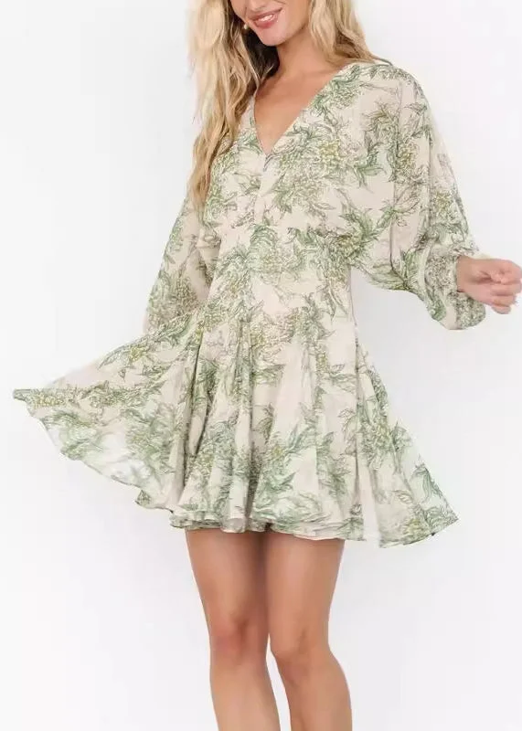 Chic Green V Neck Print Chiffon Mid Dress Long Sleeve AU1026 Best floral dresses for beach vacations