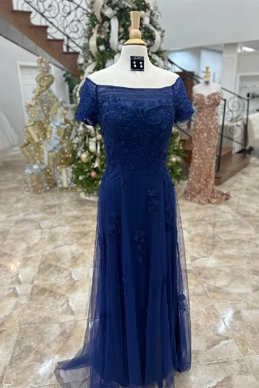 Dark Blue Off-Shoulder Floral A-line Long Mother of Brides Dress Gowns Discounted floral dresses