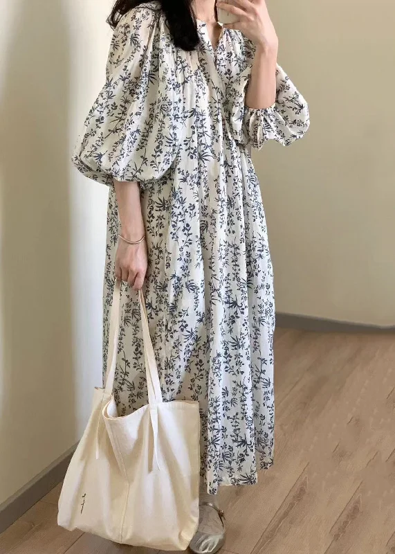 Elegant Button Print Tie Waist Cotton Long Dress Summer QP057 Best floral dresses for hourglass body shape