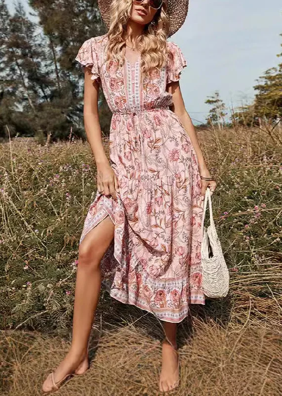 Elegant Pink V Neck Print High Waist Long Dresses Summer AU1033 Best floral dresses for petites