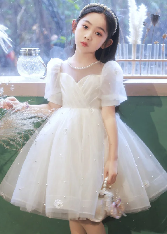 Elegant White Nail Bead Floral Tulle Kids Long Dresses Summer QV013 Silk floral dresses