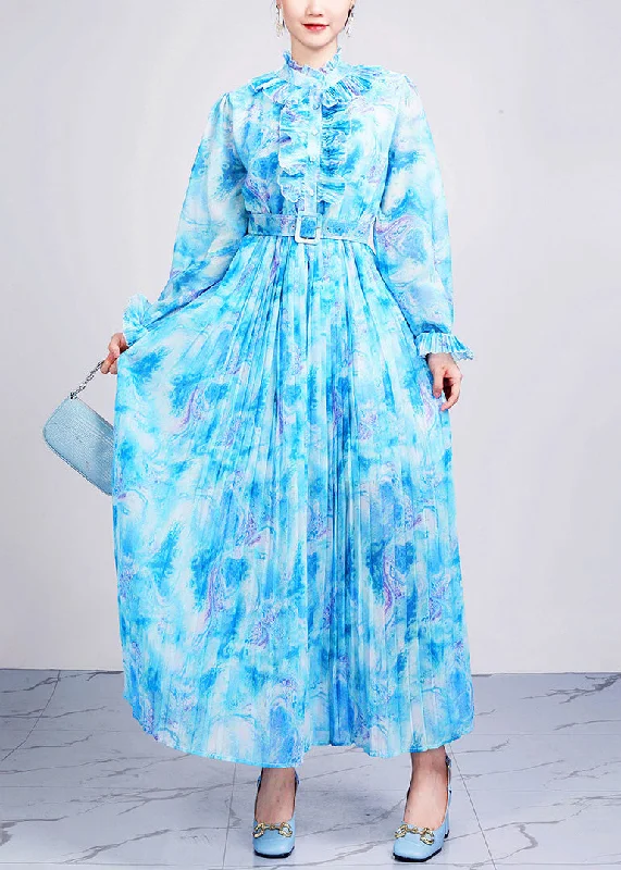 Fitted Blue Ruffled Print Sashes Chiffon Dresses Long Sleeve AO1071 Halter floral dresses