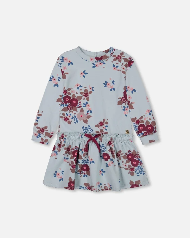 Fleece Dress Light Blue Printed Big Flowers Hot new arrivals in floral dresses