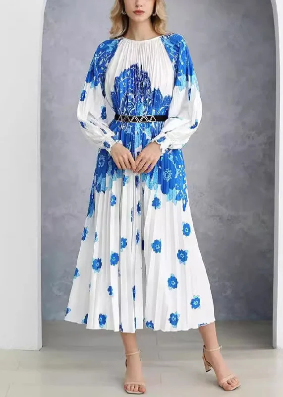 French Blue Wrinkled Print Cotton Long Dress  AU1020 Designer floral dresses