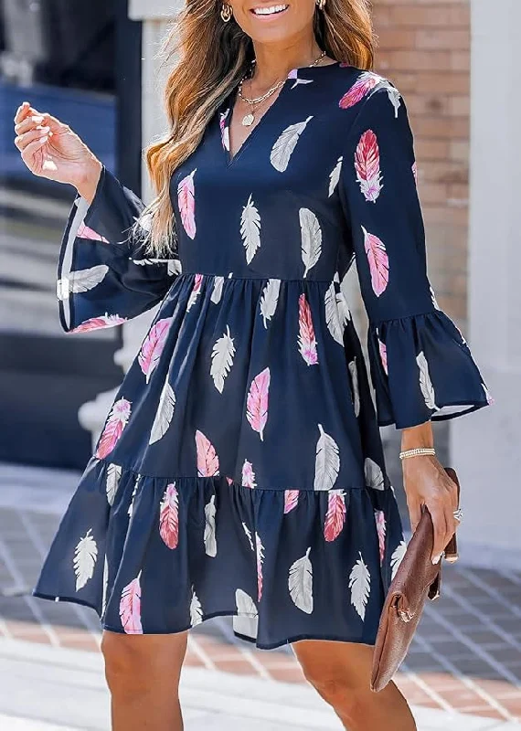 French Navy V Neck Print Patchwork Mid Dress Flare Sleeve AU1031 Best floral dresses for tall women