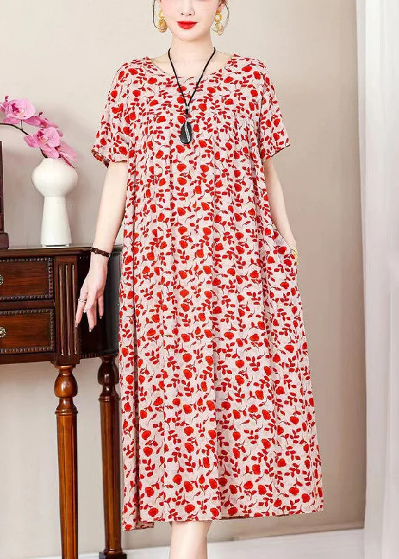 Loose Red Print Pockets Cotton Long Dresses Summer QE019 Flattering floral dresses for all body types