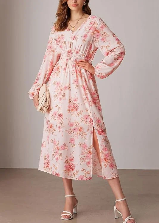 New Pink V Neck Print Front Open Dresses Long Sleeve AU1032 Best floral dresses for curvy figures