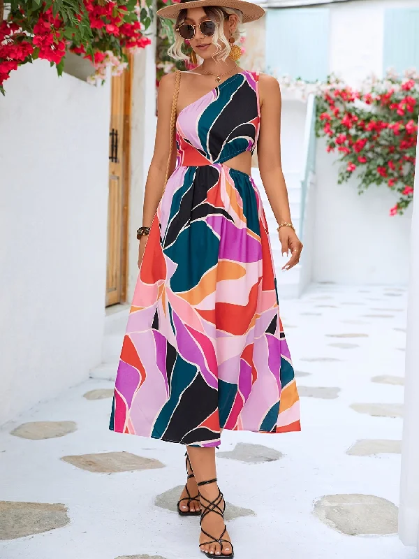 Colorful Print One Shoulder Dress, Waist Cut Out Sleeveless Dress For Summer & Spring, Women's C AE1013 Sexy floral print dresses