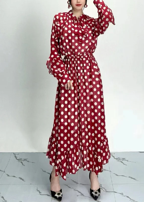 Organic Red Dot Print Ruffled Chiffon Dresses Long Sleeve AO1054 Outdoor floral dresses