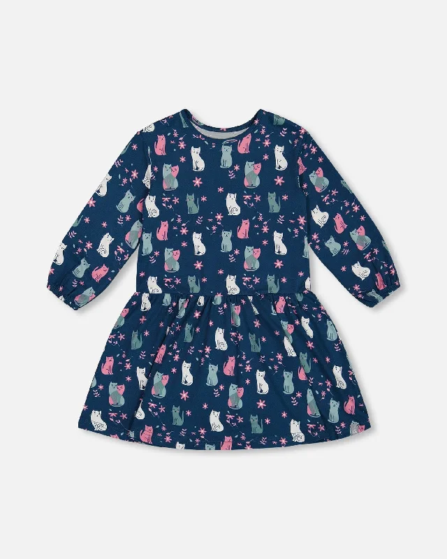 Printed Long Sleeve Dress Navy Blue With Kitten Lightweight floral dresses for hot weather