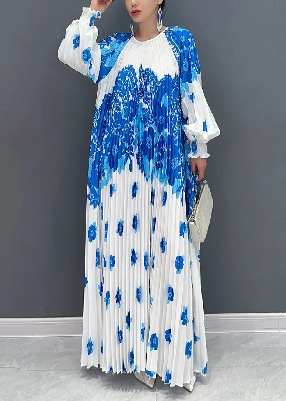 Style White Blue O Neck Print Wrinkled Long Dresses Petal Sleeve AO1001 Cute floral print summer dresses