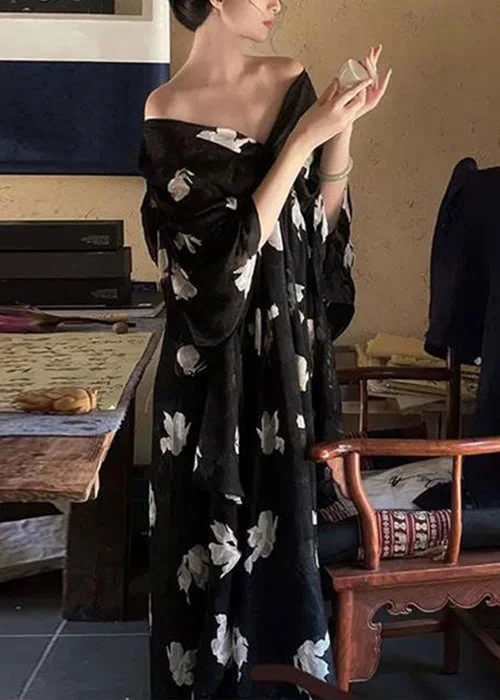 Stylish Black V Neck Print Chiffon Long Dress Half Sleeve QP027 Flowy floral dresses