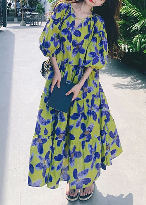 Stylish Green Print Patchwork Chiffon Long Dresses Half Sleeve QP037 Wrap floral dresses