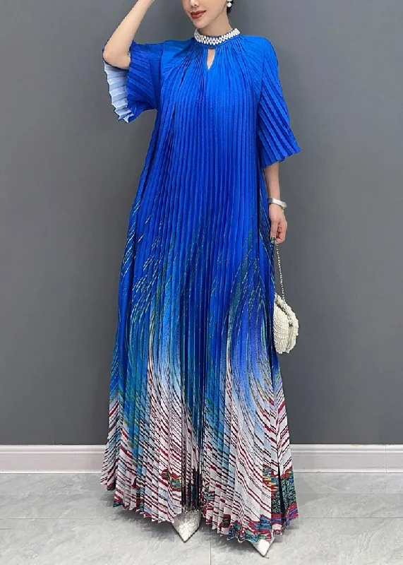 Unique Blue Stand Collar Print Wrinkled Long Dress Summer AO1002 Women's trendy floral dresses sale