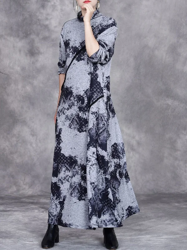 Women Autumn Print Half-Turtleneck Spliced Cashmere Dress AI1050 Affordable floral dresses