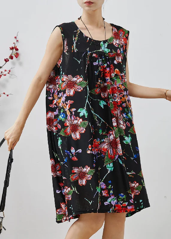 Women Black Oversized Print Cotton Mid Dress Summer AP1078 A-line floral dresses