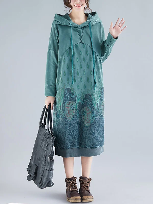 Women Ethnic Autumn Print Hooded Cotton Dress QU023 Urban Outfitters floral dresses