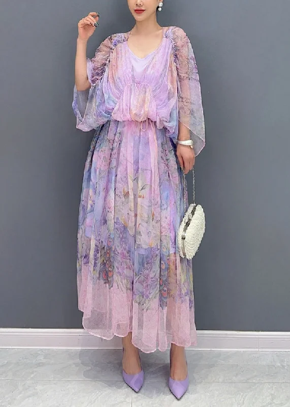 Women Lavender U Neck Print Patchwork Long Dresses Summer AO1064 Birthday floral dresses