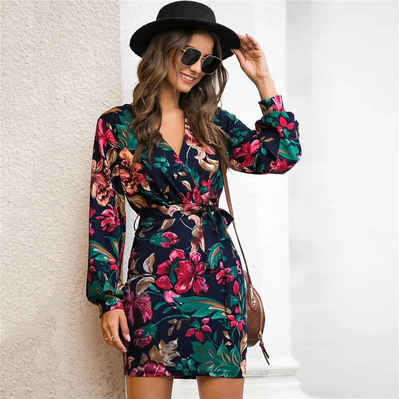 Women's Spring Casual V-Neck High-Waist Dress With Floral Print Romantic floral dresses