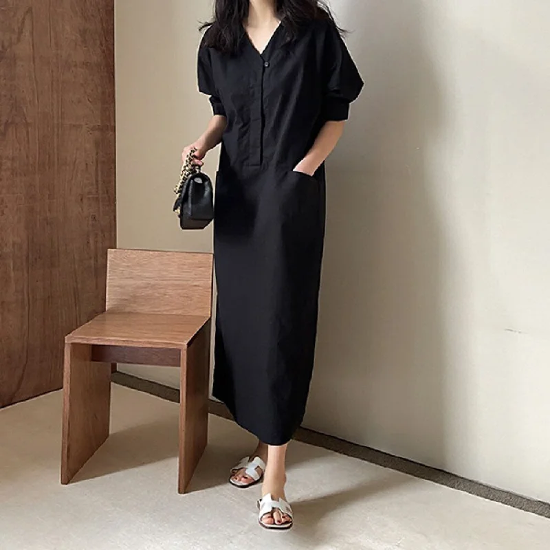 2022 Summer Korean Design Simplicity Solid Color V-neck Puff Sleeve Pocket Loose Casual Solid Color Japanese Style Monochrome unclassified dresses