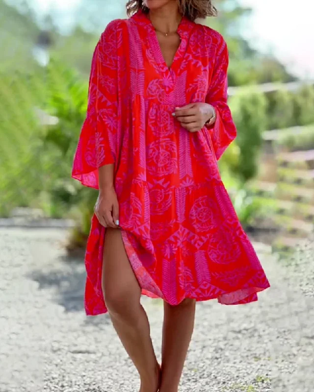 Boho Geometric Print 3/4 Sleeve Dress Graduation unclassified dresses