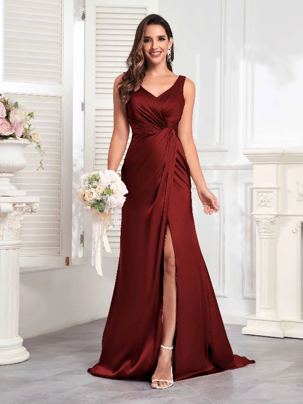 Avianna Dreamy V Neck Sleeveless Ruched Satin Formal Dresses Plus size unclassified dresses