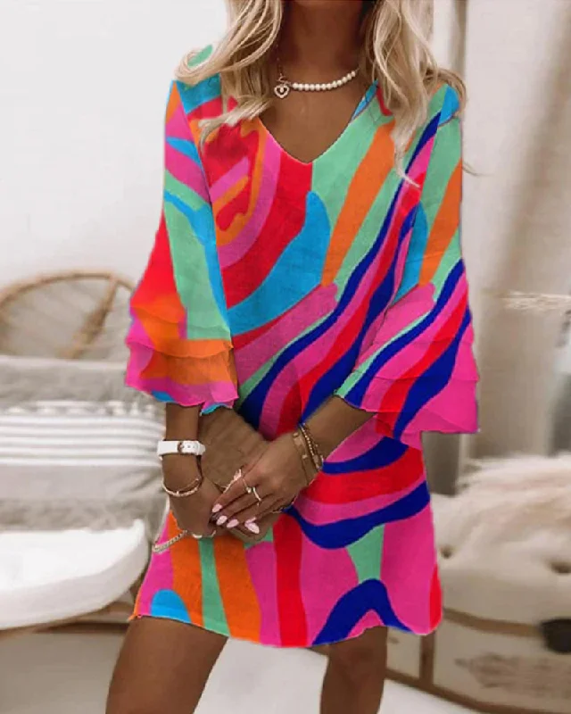 Bell Sleeve Multicolor Print Dress Satin unclassified dresses